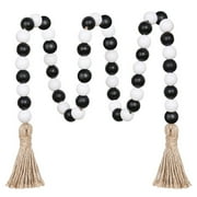 Wood Beads Garland with Tassels Farmhouse Rustic Wooden Prayer Bead String Wall Hanging Accent for Home Festival Decor. Mix Distressed